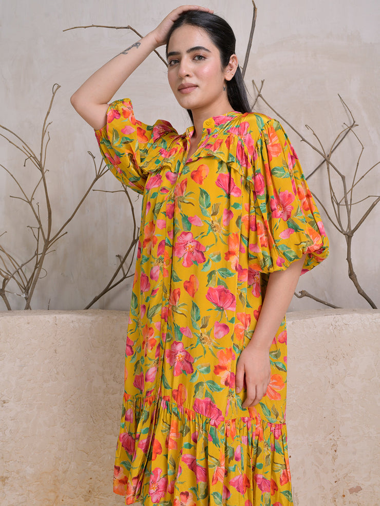 Mustard Bloom Midi Dress with Puff Sleeves