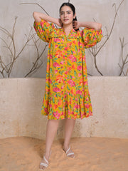 Mustard Bloom Midi Dress with Puff Sleeves