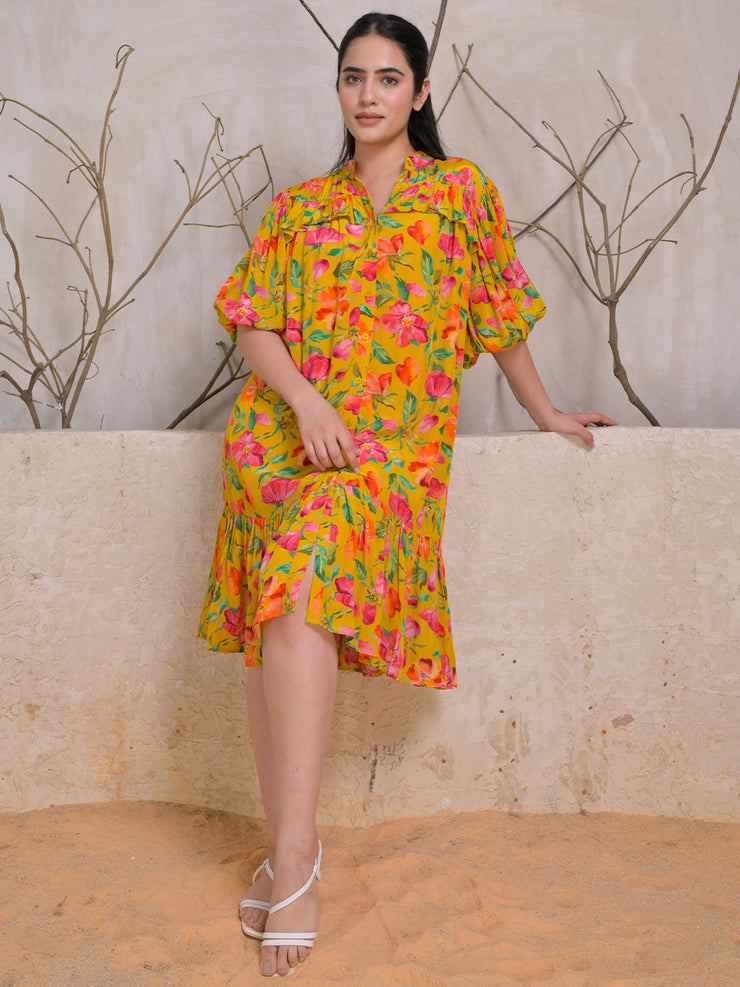 Mustard Bloom Midi Dress with Puff Sleeves