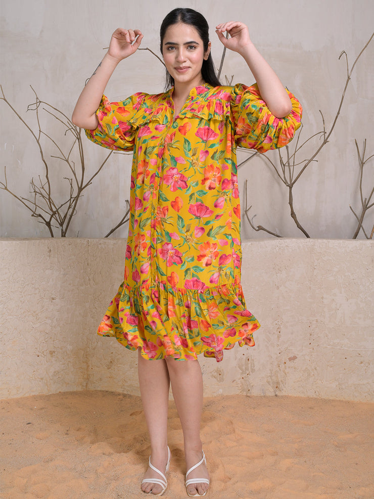 Mustard Bloom Midi Dress with Puff Sleeves