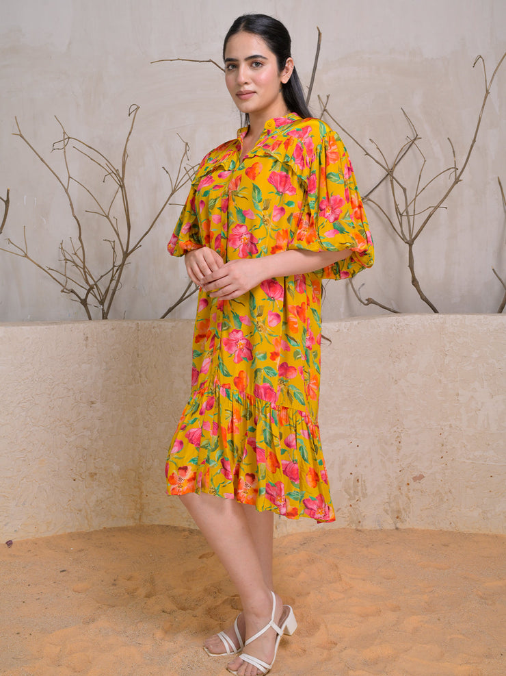 Mustard Bloom Midi Dress with Puff Sleeves