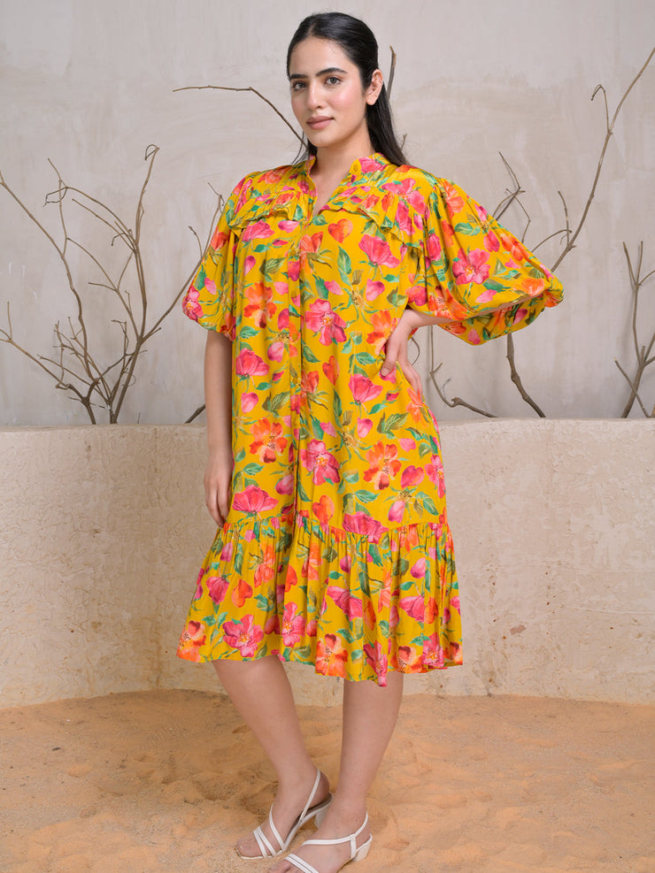Mustard Bloom Midi Dress with Puff Sleeves
