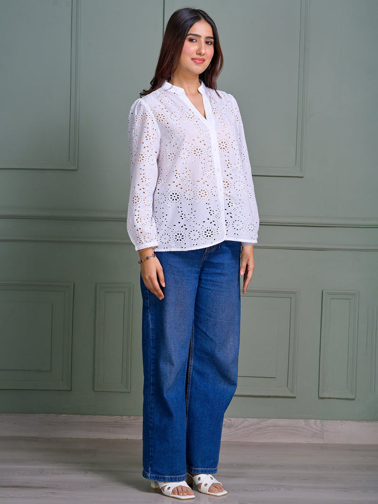 White Eyelet Embroidered Cotton Top