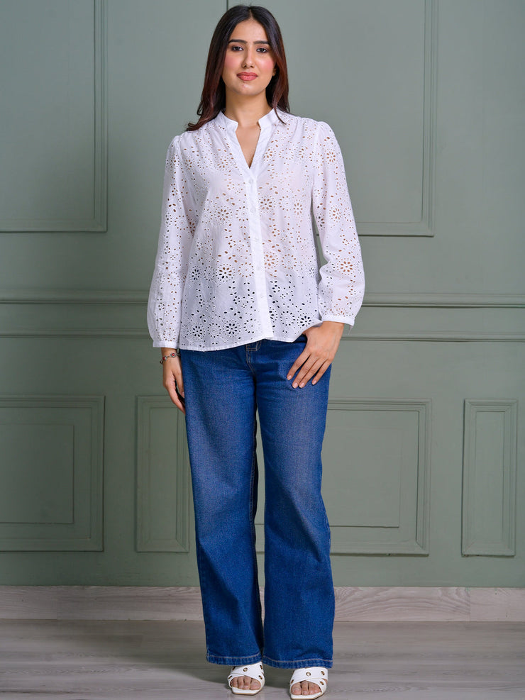 White Eyelet Embroidered Cotton Top