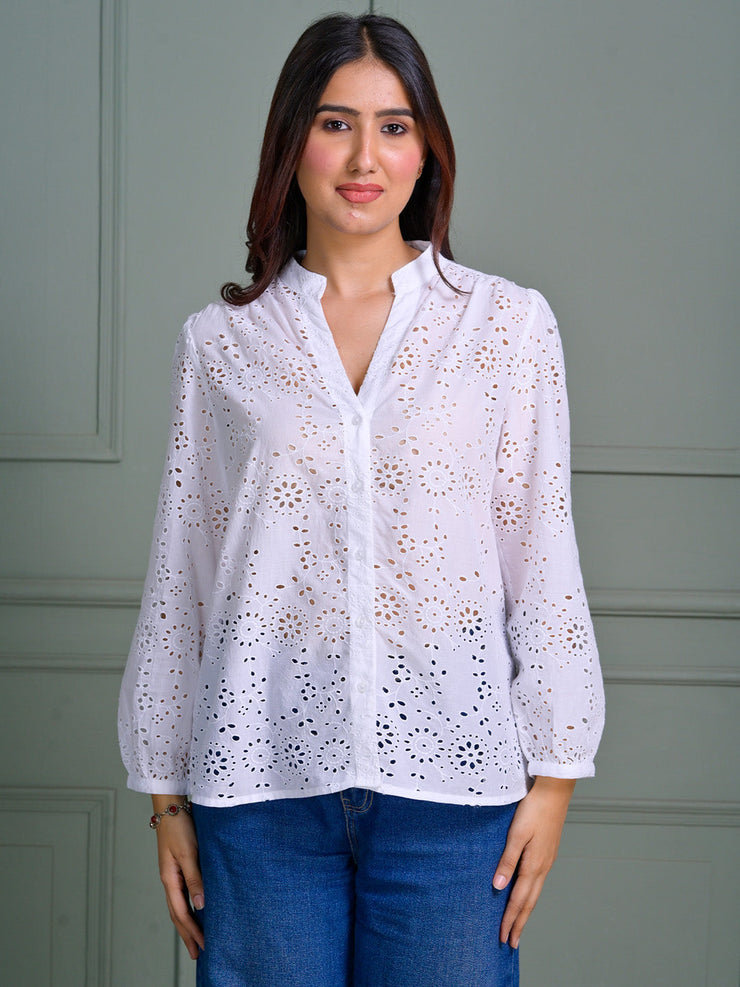 White Eyelet Embroidered Cotton Top