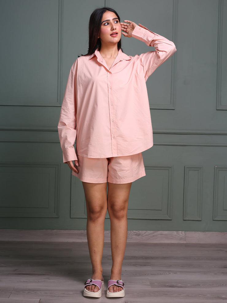 Blush Pink Cotton Shirt with Shorts Co-ord Set