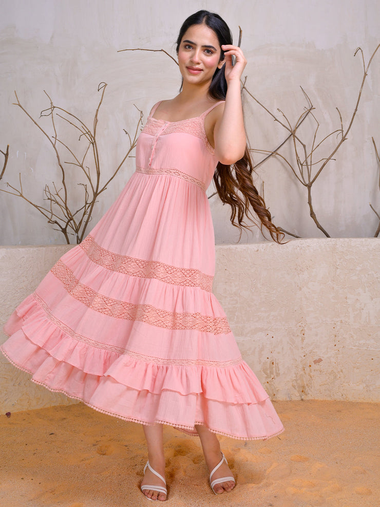 Peach Sleeveless Tiered Cotton Midi Dress
