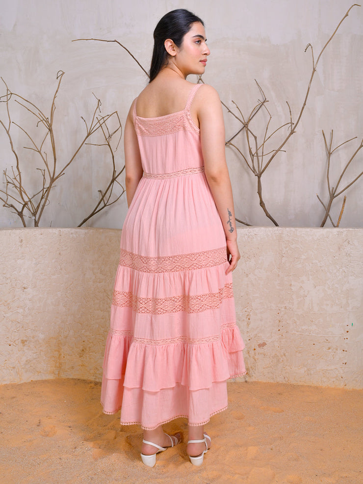 Peach Sleeveless Tiered Cotton Midi Dress