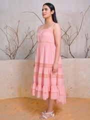 Peach Sleeveless Tiered Cotton Midi Dress