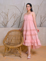 Peach Sleeveless Tiered Cotton Midi Dress
