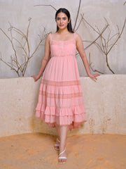 Peach Sleeveless Tiered Cotton Midi Dress