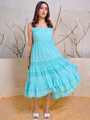 Turquoise Sleeveless Tiered Cotton Midi Dress