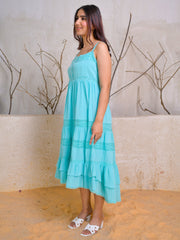 Turquoise Sleeveless Tiered Cotton Midi Dress