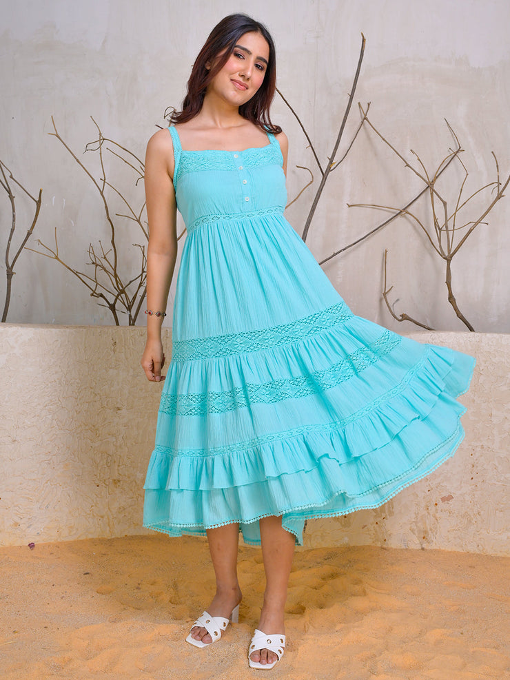 Turquoise Sleeveless Tiered Cotton Midi Dress