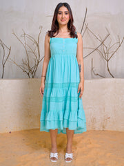 Turquoise Sleeveless Tiered Cotton Midi Dress
