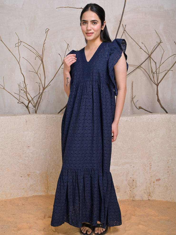 Navy Blue Cotton Schiffli Maxi Dress with Ruffle Sleeves