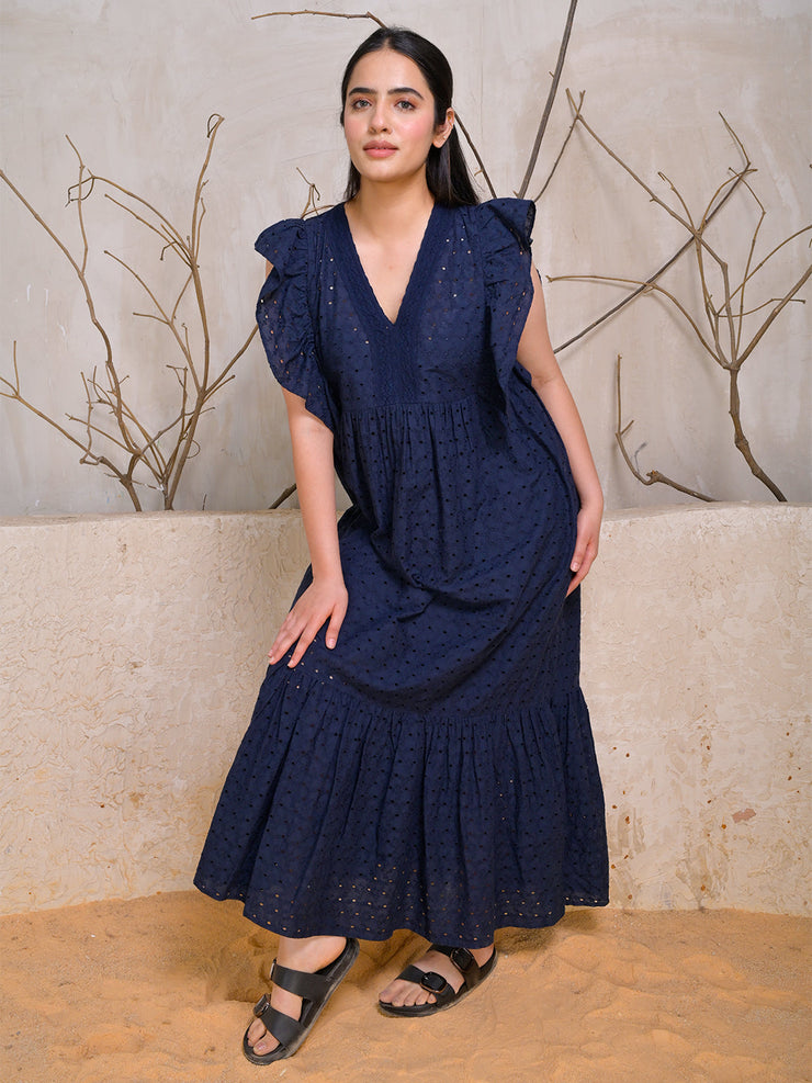 Navy Blue Cotton Schiffli Maxi Dress with Ruffle Sleeves