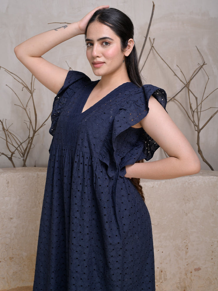 Navy Blue Cotton Schiffli Maxi Dress with Ruffle Sleeves
