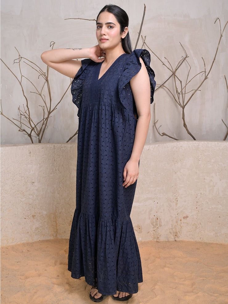 Navy Blue Cotton Schiffli Maxi Dress with Ruffle Sleeves