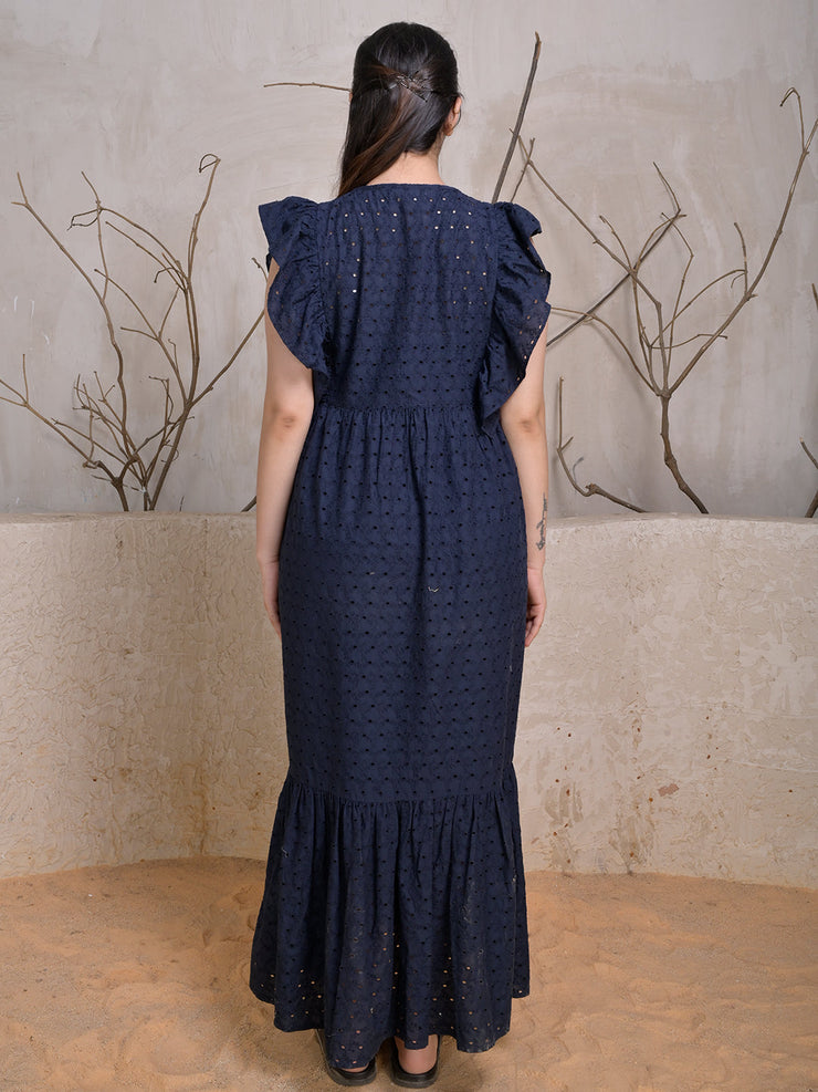 Navy Blue Cotton Schiffli Maxi Dress with Ruffle Sleeves