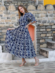 Indigo Printed Fit & Flare Calf Length Dress