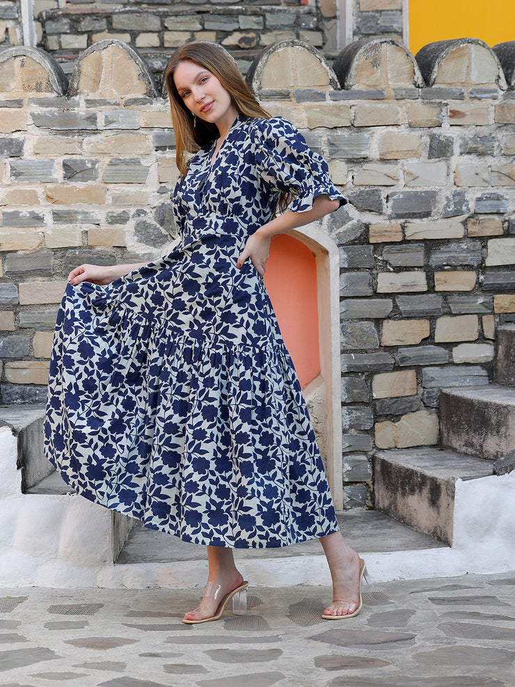 Indigo Printed Fit & Flare Calf Length Dress