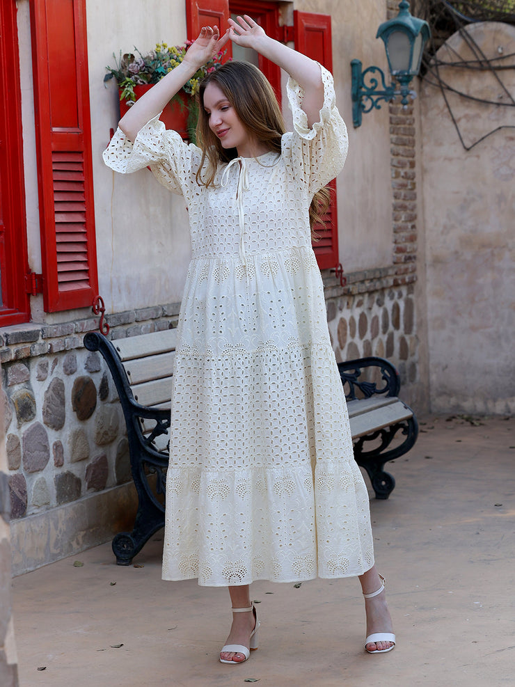 Cream Schiffli Embroirered Tiered Dress