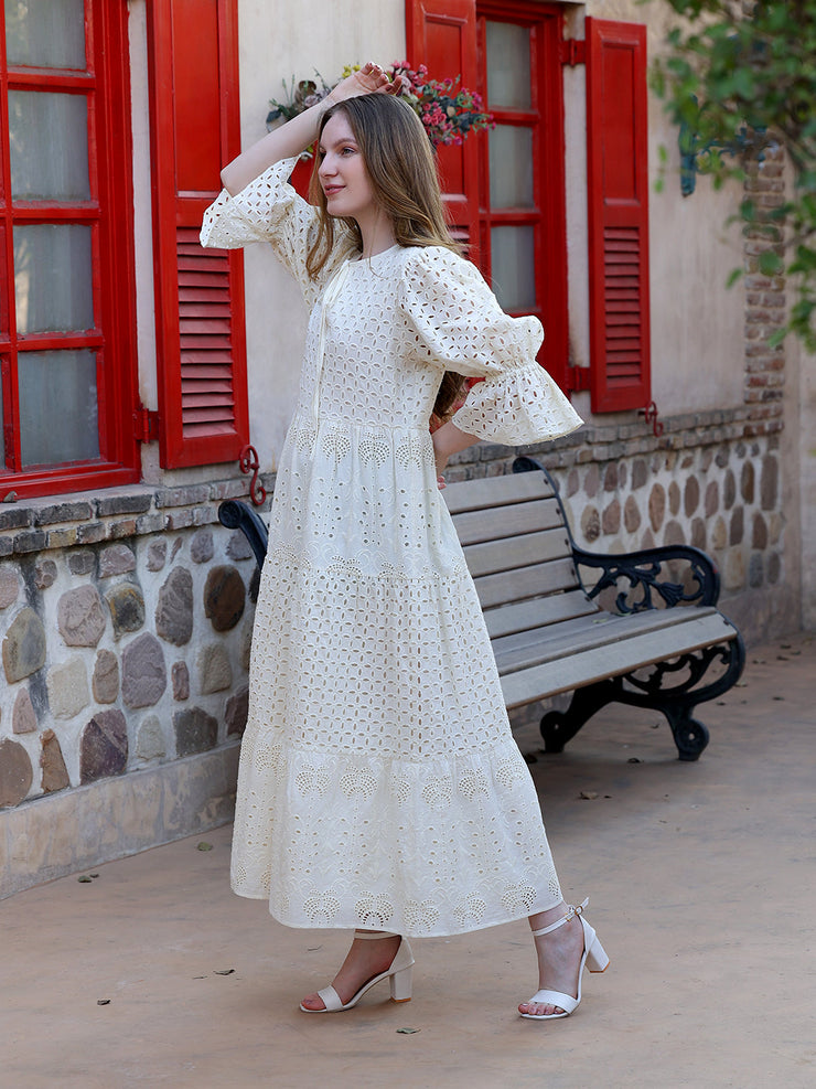 Cream Schiffli Embroirered Tiered Dress