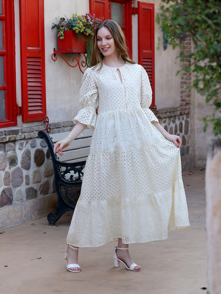 Cream Schiffli Embroirered Tiered Dress
