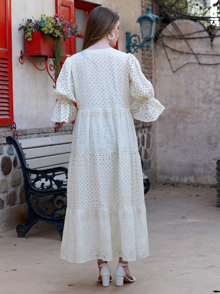 Cream Schiffli Embroirered Tiered Dress