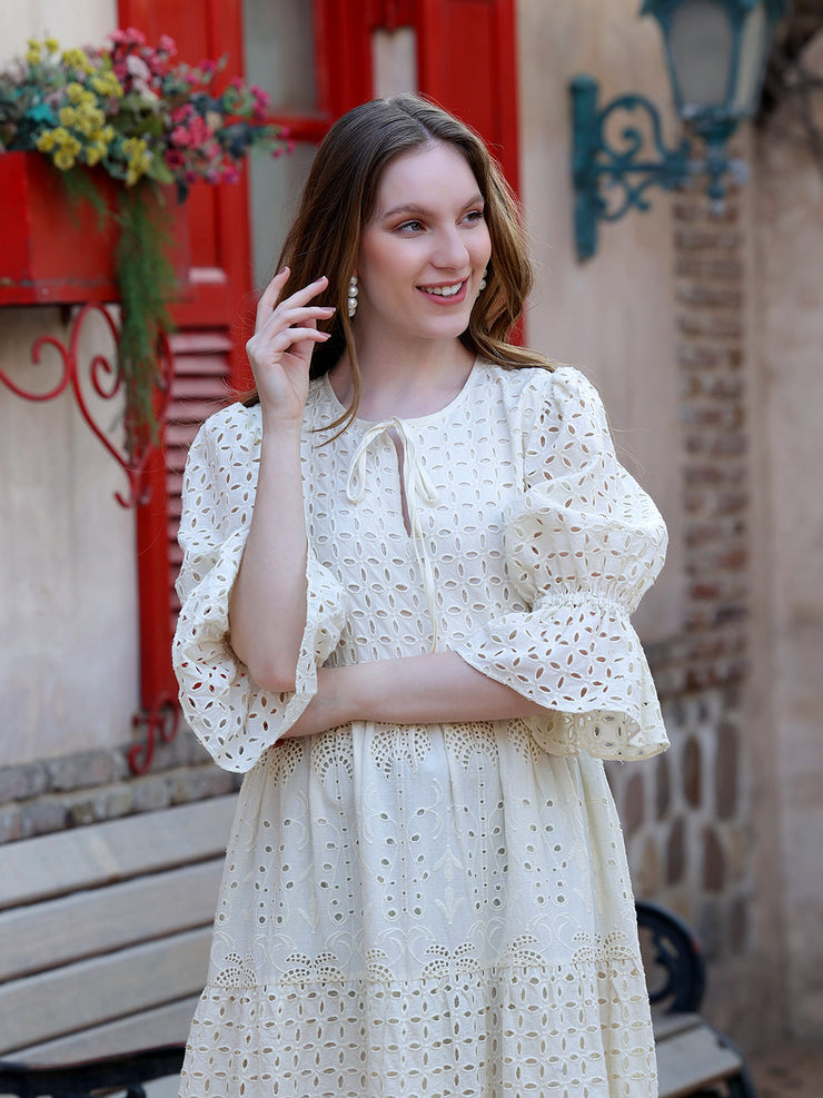 Cream Schiffli Embroirered Tiered Dress