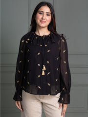 Tie-Up Neck Black Top with Full Sleeves and Animal Embroidery Pattern