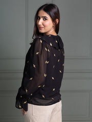 Tie-Up Neck Black Top with Full Sleeves and Animal Embroidery Pattern