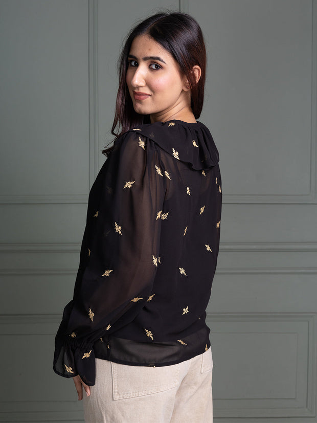 Tie-Up Neck Black Top with Full Sleeves and Animal Embroidery Pattern