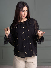 Tie-Up Neck Black Top with Full Sleeves and Animal Embroidery Pattern