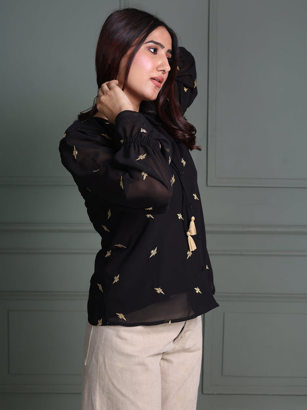 Tie-Up Neck Black Top with Full Sleeves and Animal Embroidery Pattern