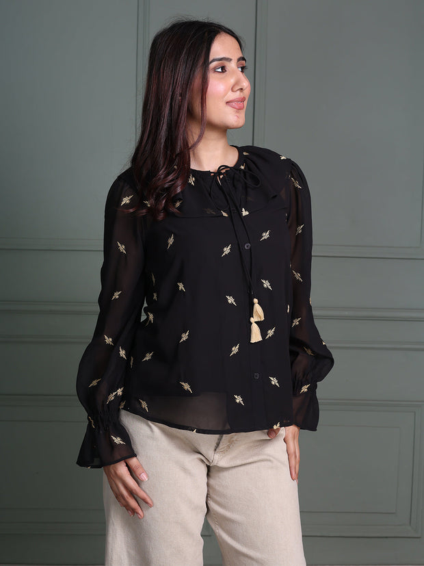 Tie-Up Neck Black Top with Full Sleeves and Animal Embroidery Pattern