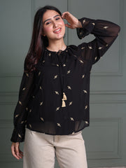 Tie-Up Neck Black Top with Full Sleeves and Animal Embroidery Pattern