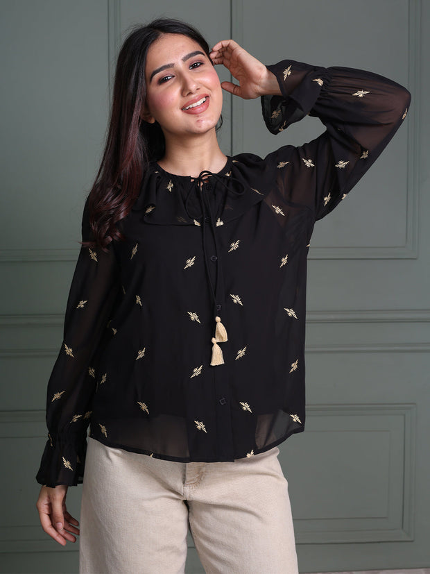 Tie-Up Neck Black Top with Full Sleeves and Animal Embroidery Pattern