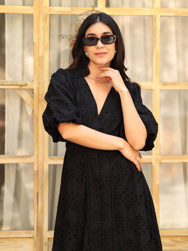 Black V-Neck Ballon Sleeve Maxi Dress In Schiffli With Belt