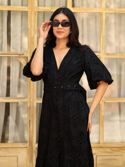 Black V-Neck Ballon Sleeve Maxi Dress In Schiffli With Belt