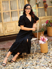 Black V-Neck Ballon Sleeve Maxi Dress In Schiffli With Belt