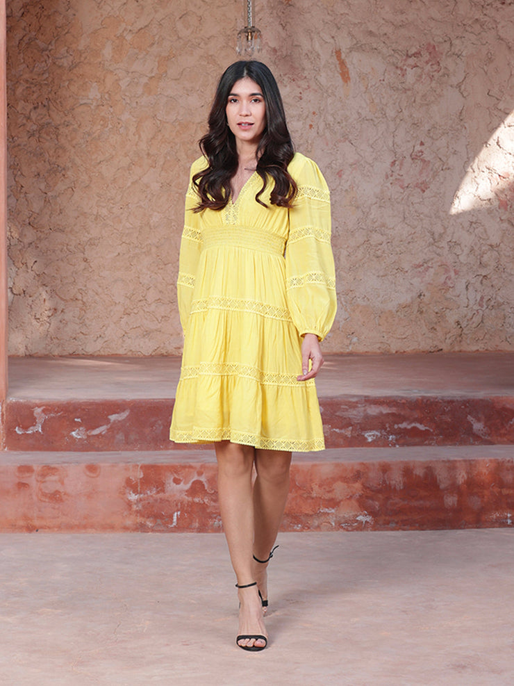 Yellow Lace Insert Midi Dress In Cotton/Viscose With Lining In Modal
