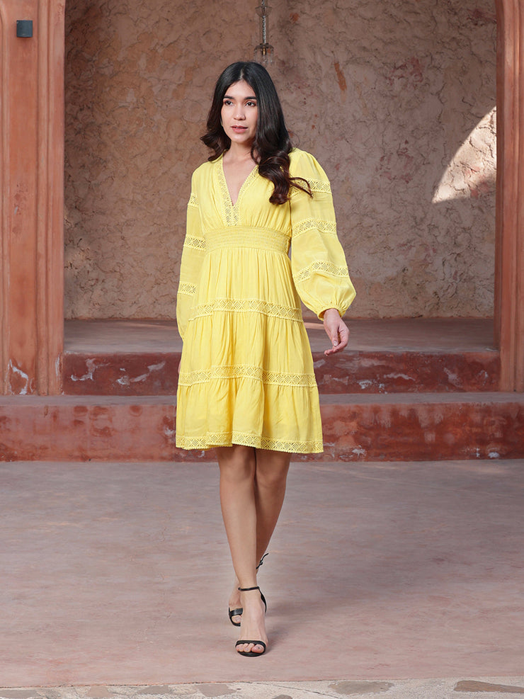 Yellow Lace Insert Midi Dress In Cotton/Viscose With Lining In Modal