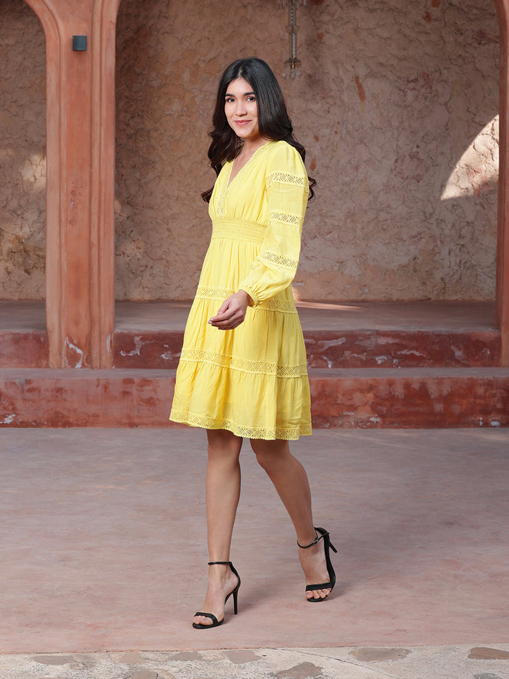 Yellow Lace Insert Midi Dress In Cotton/Viscose With Lining In Modal