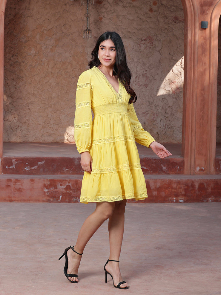 Yellow Lace Insert Midi Dress In Cotton/Viscose With Lining In Modal