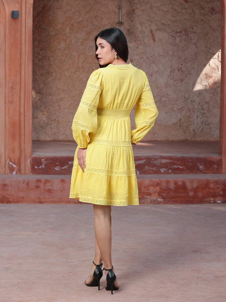 Yellow Lace Insert Midi Dress In Cotton/Viscose With Lining In Modal