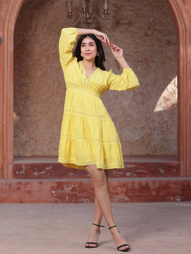 Yellow Lace Insert Midi Dress In Cotton/Viscose With Lining In Modal