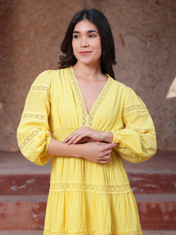 Yellow Lace Insert Midi Dress In Cotton/Viscose With Lining In Modal
