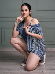 Indigo Tribal Print Co-ord Set – Shirt, Camisole & Shorts